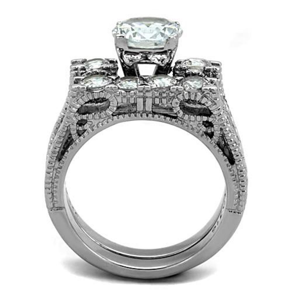 ARTK5X019 Stainless Steel 316 2.95 Ct Round Cut Zirconia Vintage Wedding Ring Set Sz 5-10